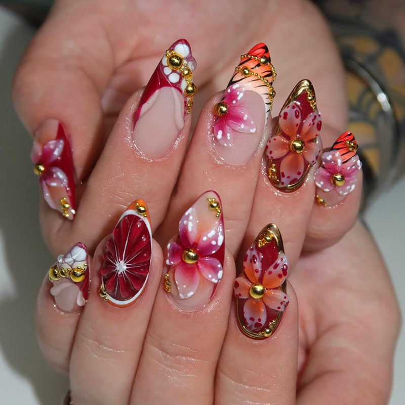 Floral Fantasy Medium Almond Red and Pink Press-On Nail Set with Elegant Jewel Accents
