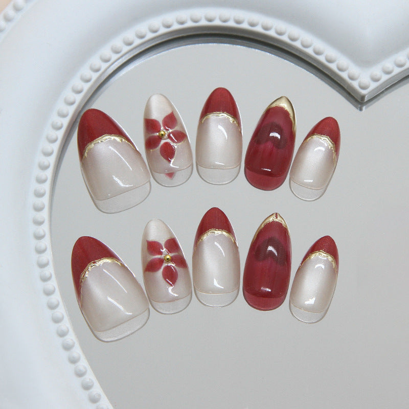 Chic Floral Elegance Medium Almond Red with Gold Accent Nail Set