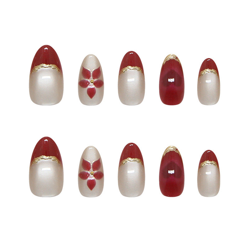 Elegant Floral Accessory Medium Almond Red with Gold Accents Press on Nail Set