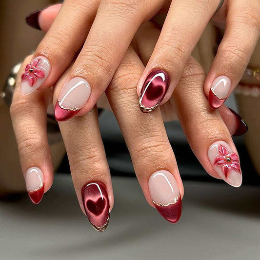 Romantic Bliss Medium Almond Burgundy with Floral Accent Nail Set