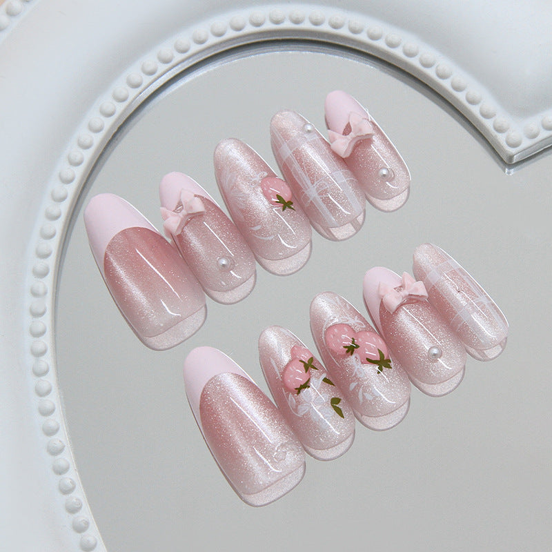 Whimsical Blossom Medium Oval Pink Glitter Nails with Floral Accents