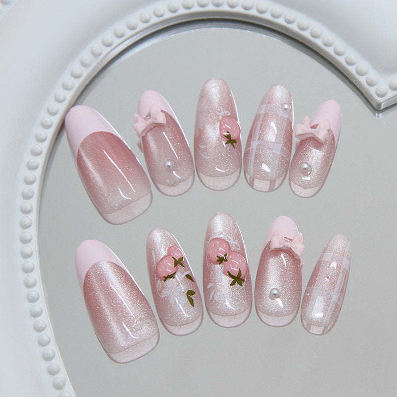 Charming Blossom Medium Almond Pink Glitter Press-On Nail Set with Flower and Bow Accents