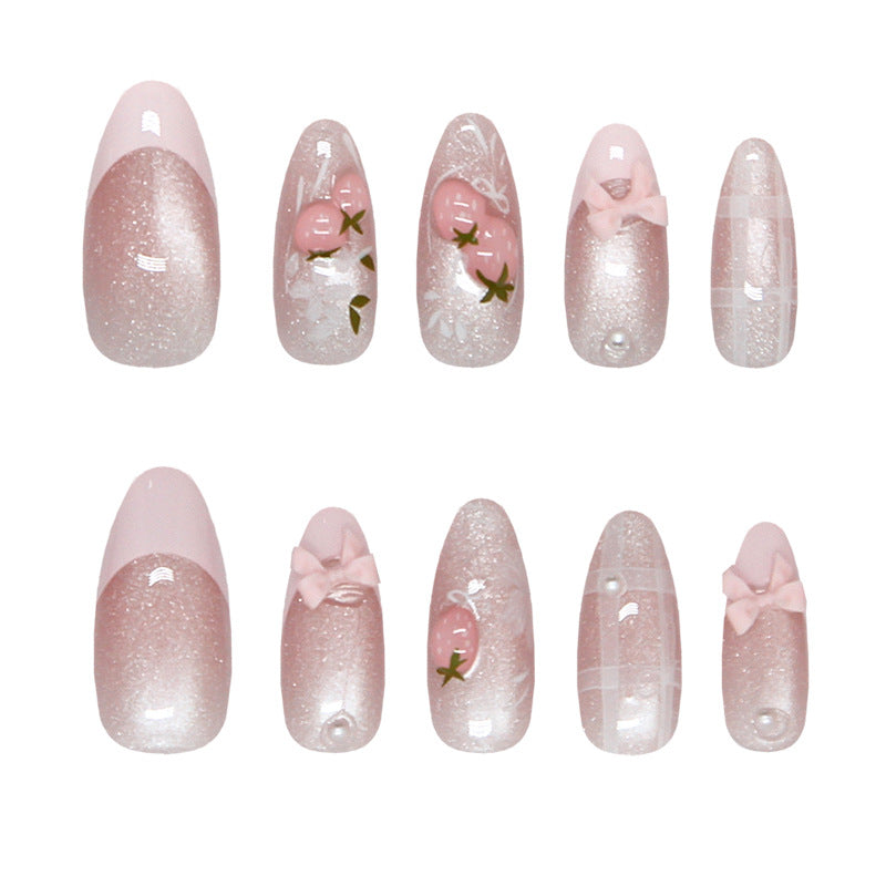 Whimsical Rose Glitter Medium Oval Nails with Charming Bow Accents