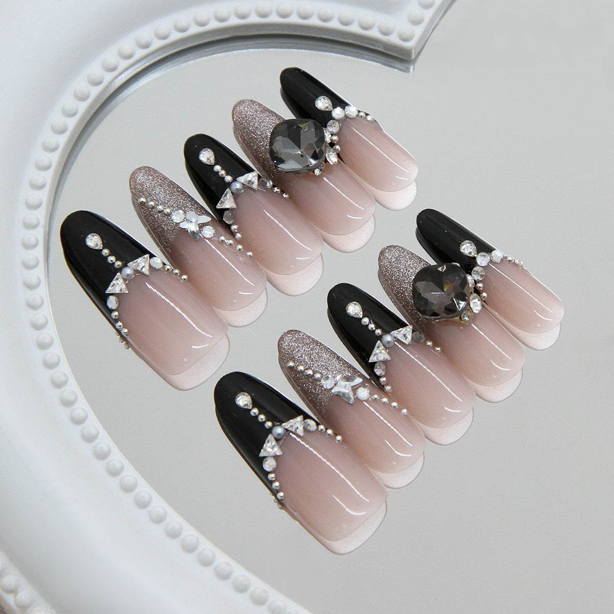 Elegant Night Out Long Almond Black and Beige GlamourPress Nail Set with Gemstone Accents