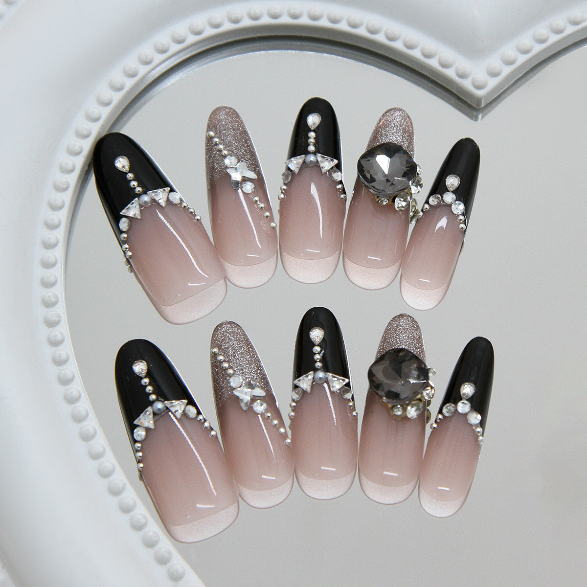 Glamourous Medium Almond Press On Nail Set in Black with Sparkling Rhinestone Accents