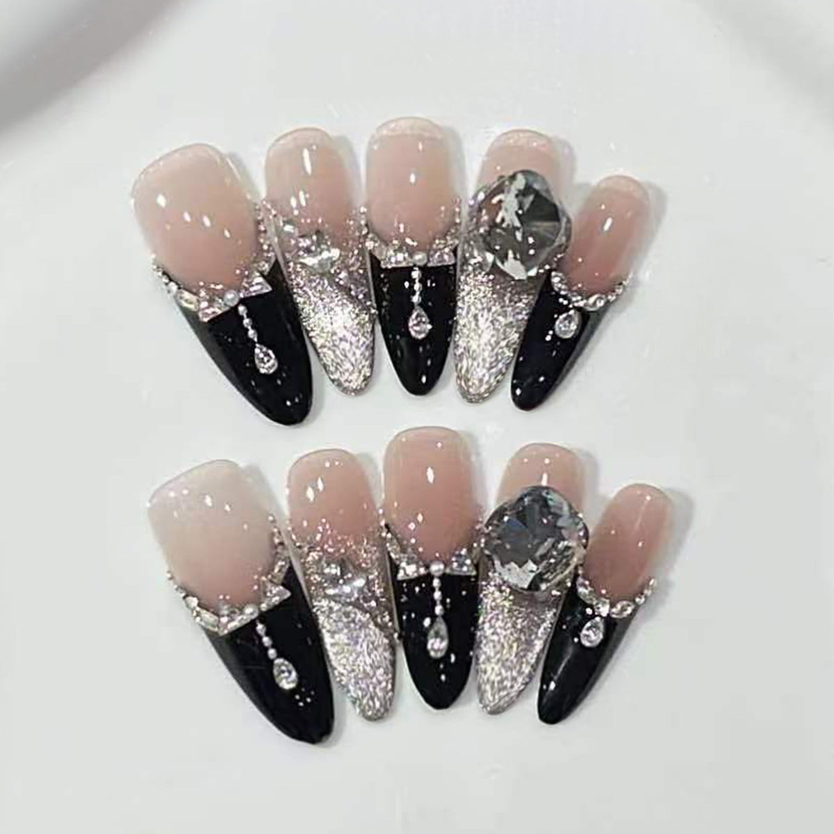 Glamorous Chic Long Almond Black and Silver Glitter Press On Nail Set with Stunning Rhinestone Accents