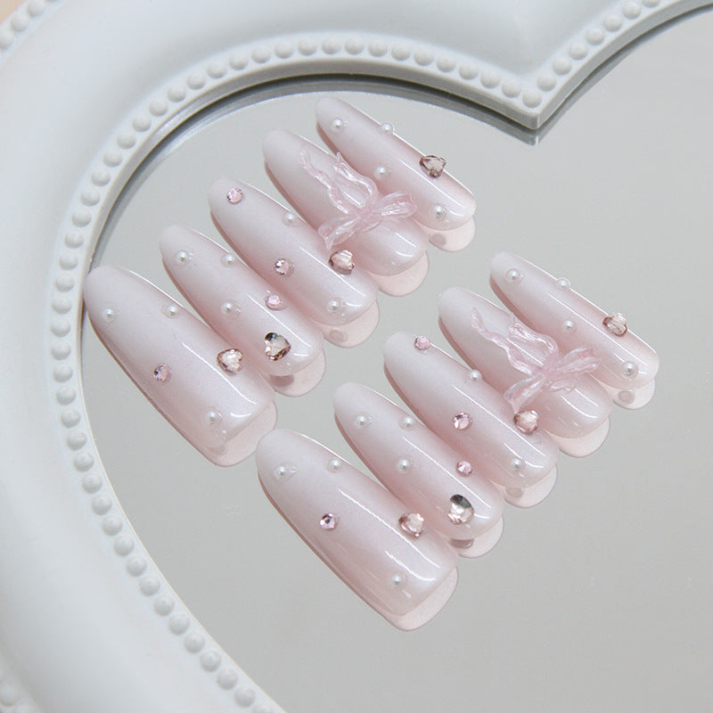 Chic Elegance Long Oval Pink Nail Set with Sparkling Accents