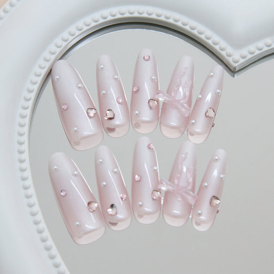 Chic Romance Long Almond Pink Press On Nail Set with Embellished Pearls and Heart Accents