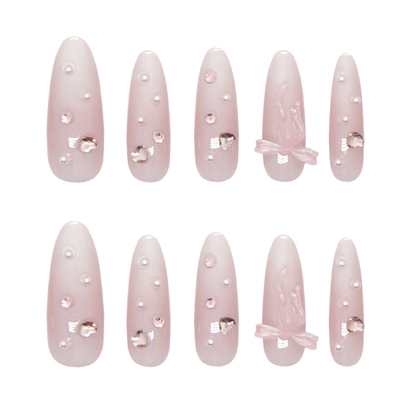 Elegant Blush Long Almond Press On Nail Set with Dazzling Pearl and Rhinestone Accents