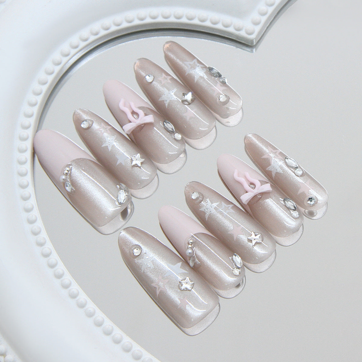 Celestial Elegance Long Oval Beige with Star Accents and Rhinestones Press On Nail Set