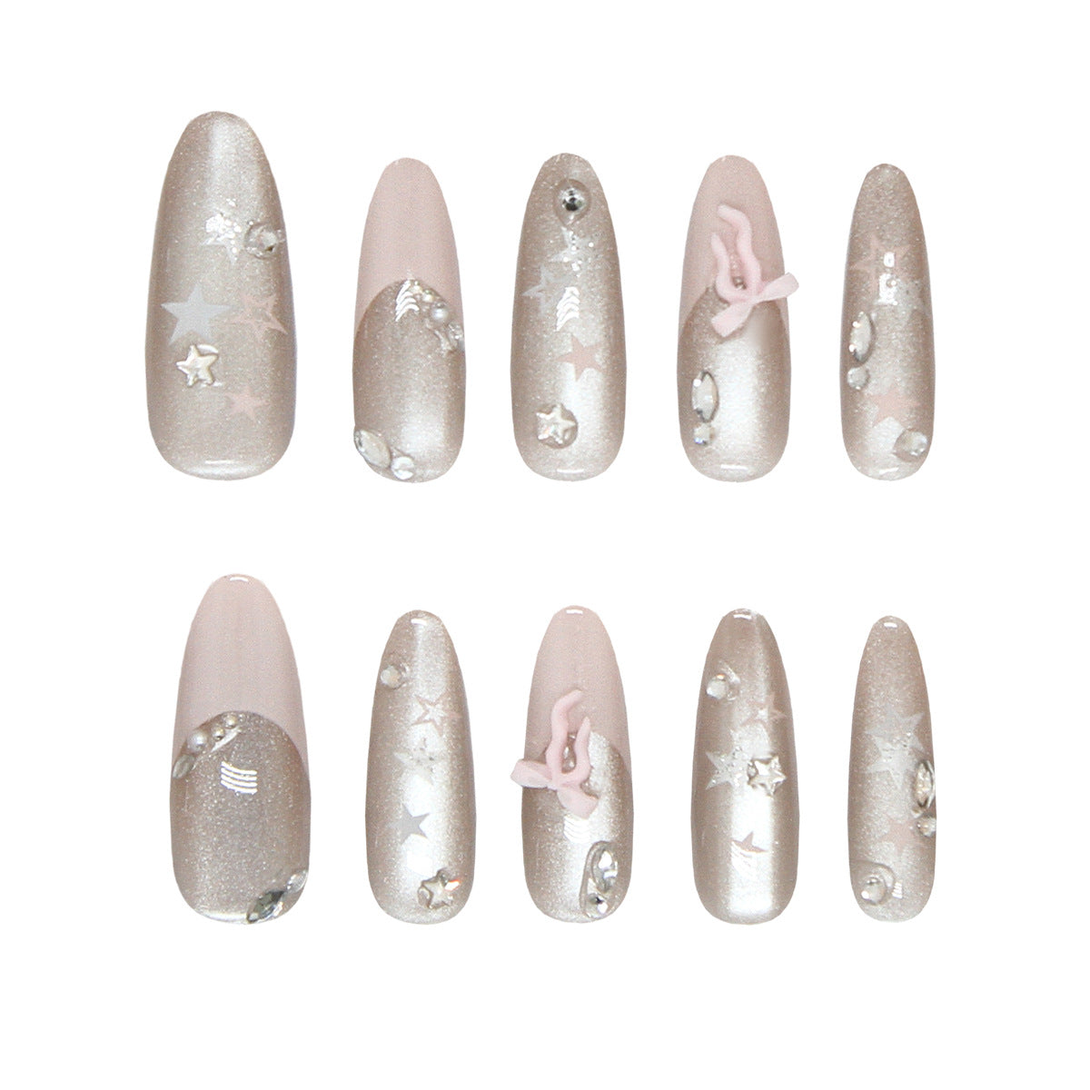 Dreamy Elegance Long Almond Shimmering Metallic with Star and Rhinestone Accents Press On Nail Set