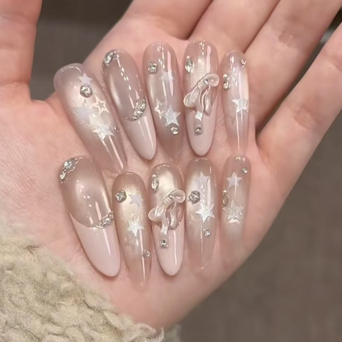 Celestial Dreams Long Almond Pink with Sparkling Star Accents Press-On Nail Set