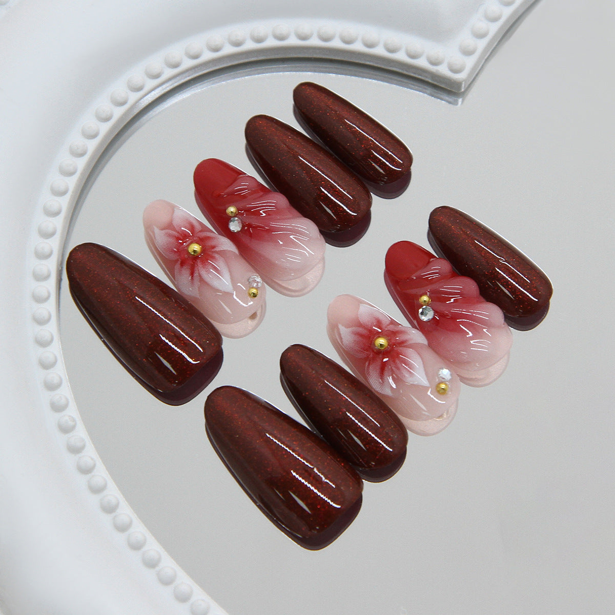Elegant Charm Long Almond Deep Burgundy with Floral Accents Press On Nail Set