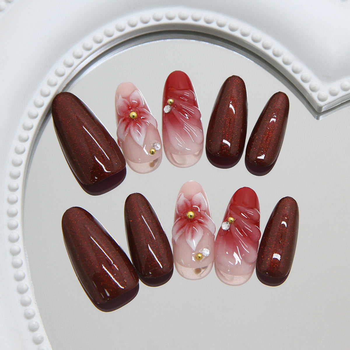 Floral Elegance Long Almond Red and Pink with Gold Accents Press On Nail Set