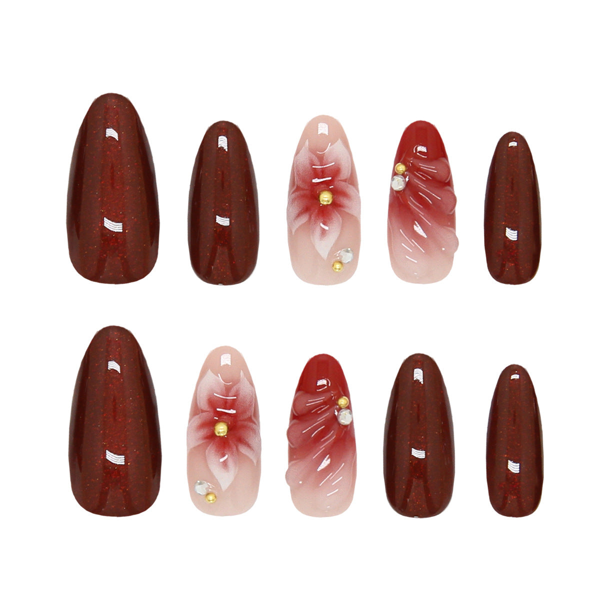 Elegant Floral Fantasy Long Almond Deep Red Glitter Design