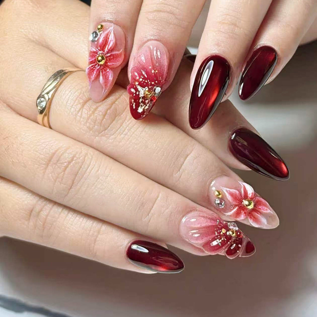 Enchanting Floral Elegance Medium Almond Red Press On Nail Set with Elegant Embellishments