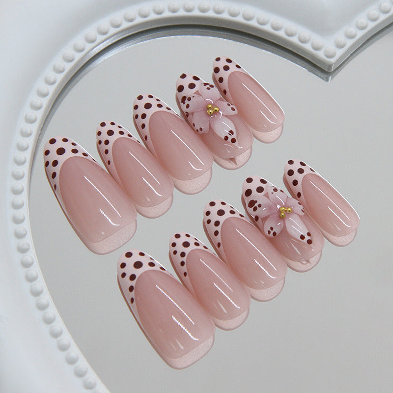 Chic Dots Medium Almond Pink Press On Nail Set with Flower Accent