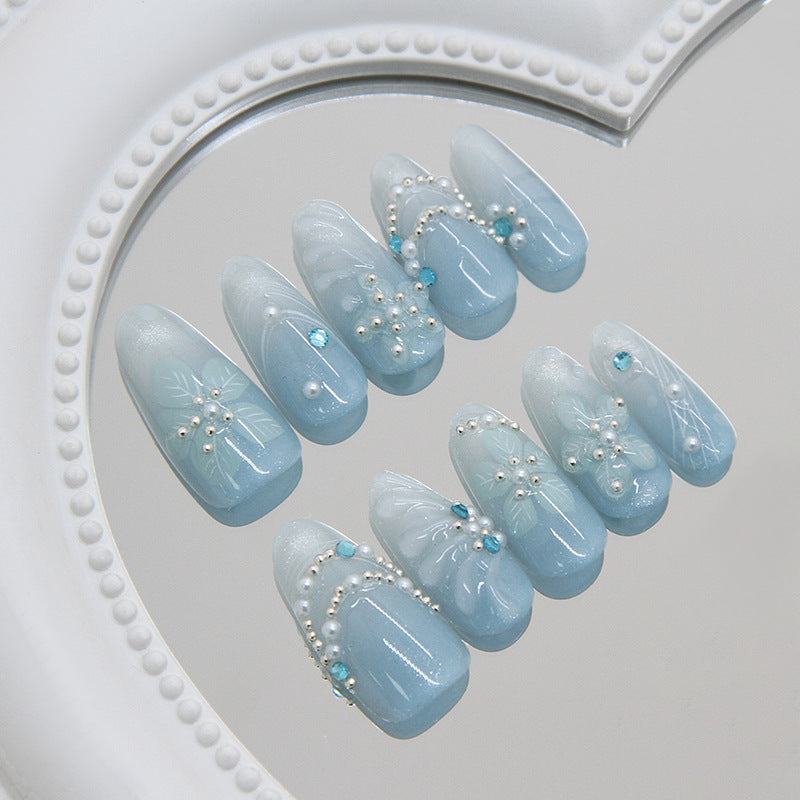 Crystal Breeze Medium Almond Sky Blue Nail Set with Pearls and Gems