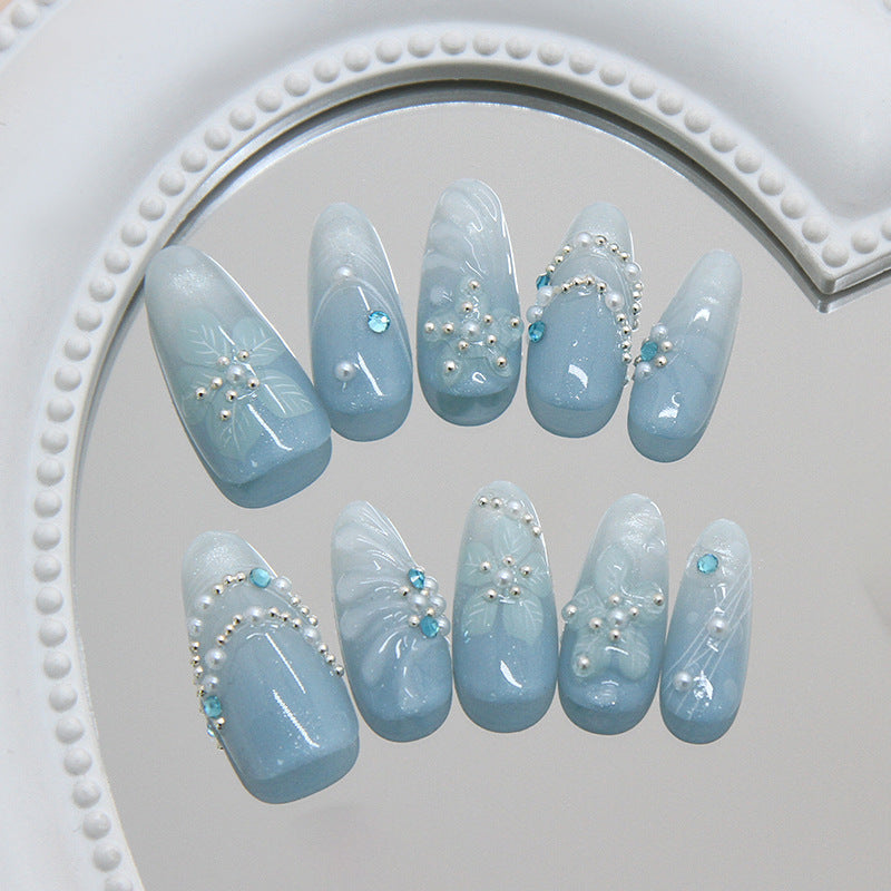 Winter Wonderland Long Almond Soft Blue with Elegant Bead Accents Press on Nail Set