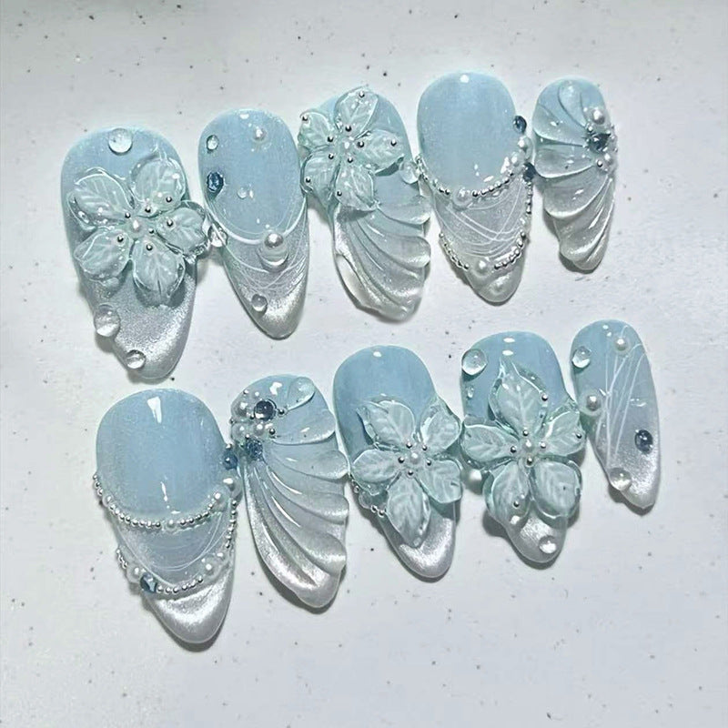 Floral Fantasy Medium Almond Blue Press on Nail Set with Intricate Flower Designs