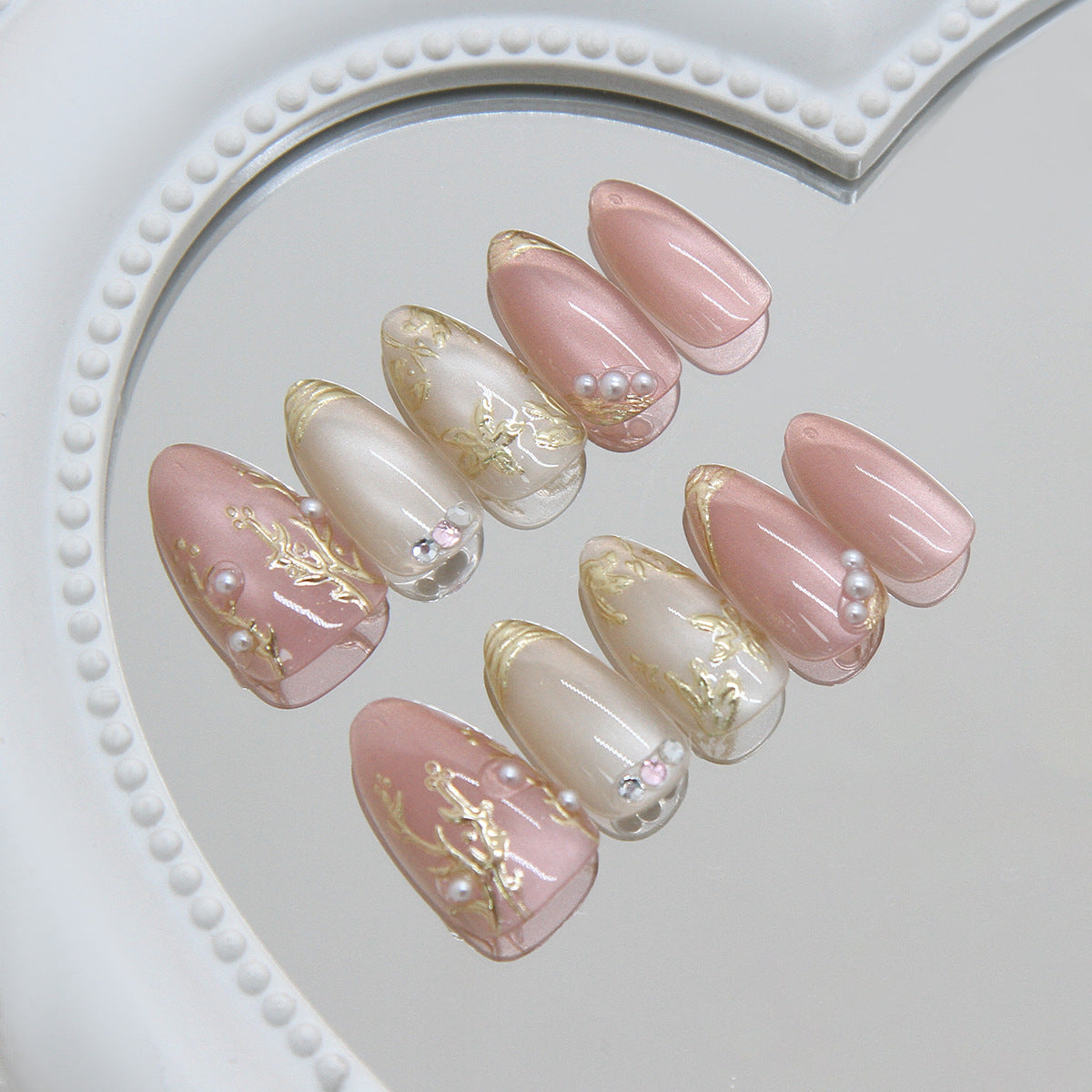 Elegant Blossom Medium Almond Pink with Pearl Accents Press on Nail Set