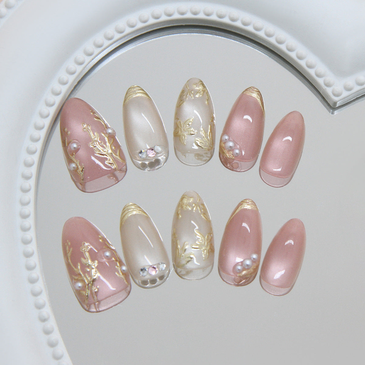 Elegant Floral Design Medium Almond Pink and White Nail Set with Gold Accents and Pearls