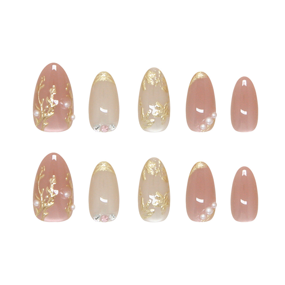 Elegant Blossom Medium Almond Pink and Gold Decor Press On Nail Set