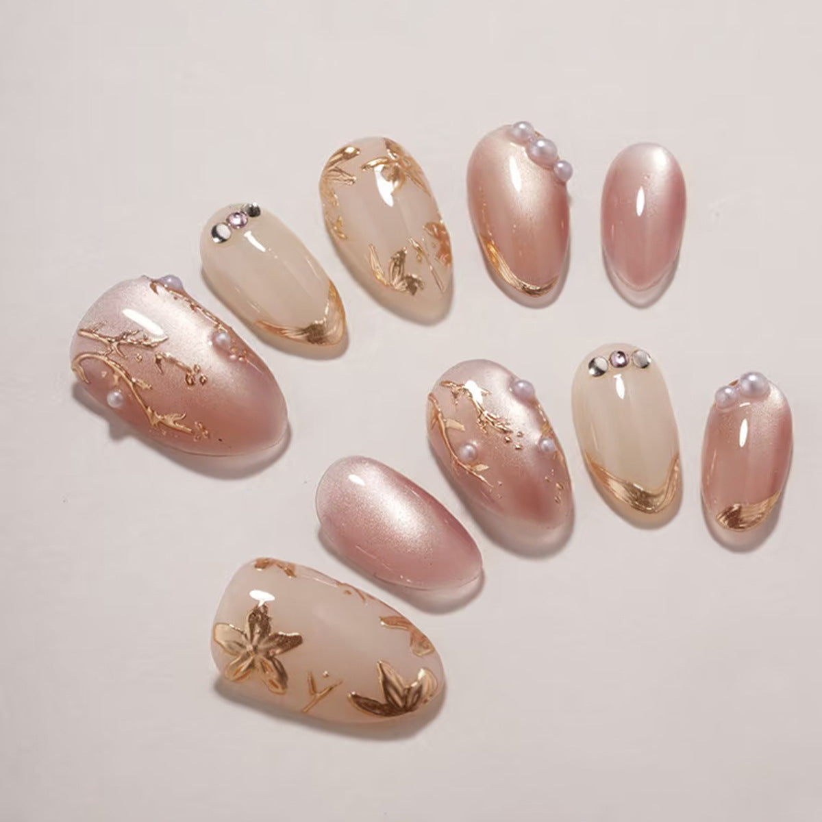 Blooming Elegance Medium Almond Blush with Gold Leaf Accents Press-On Nail Set