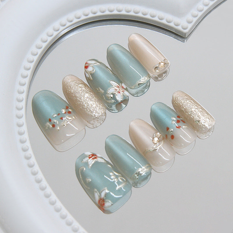 Ocean Breeze Medium Oval Aqua with Floral Accents Press on Nail Set