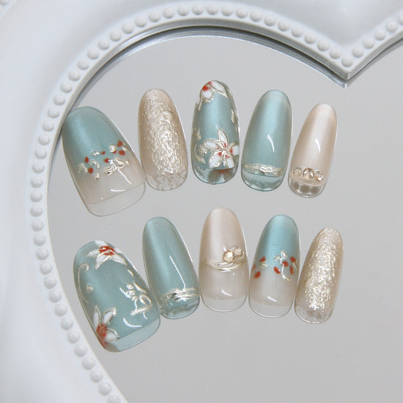 Elegant Serenity Medium Oval Blue with Floral Accents Press On Nail Set