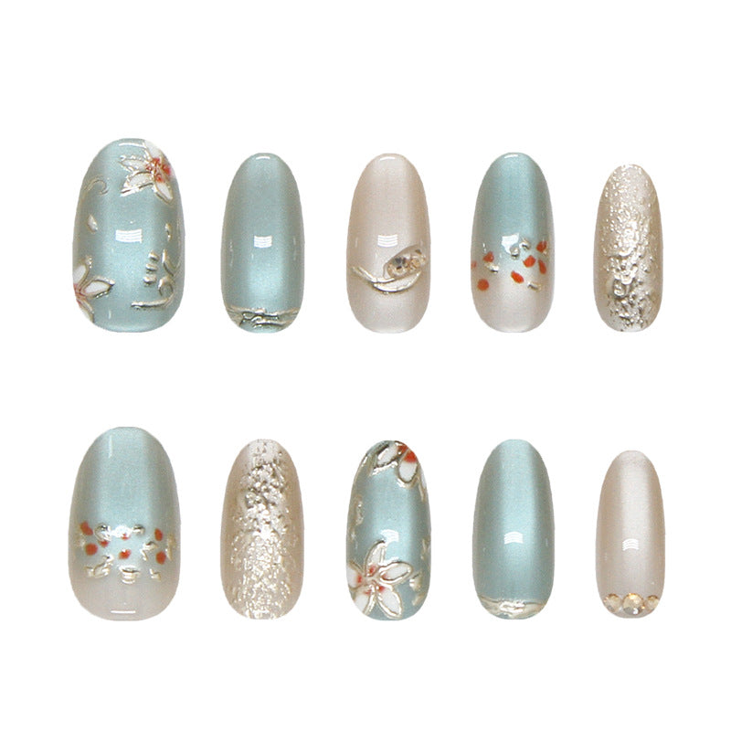 Elegant Floral Escape Medium Oval Aqua with Chic Embellishments Press On Nail Set
