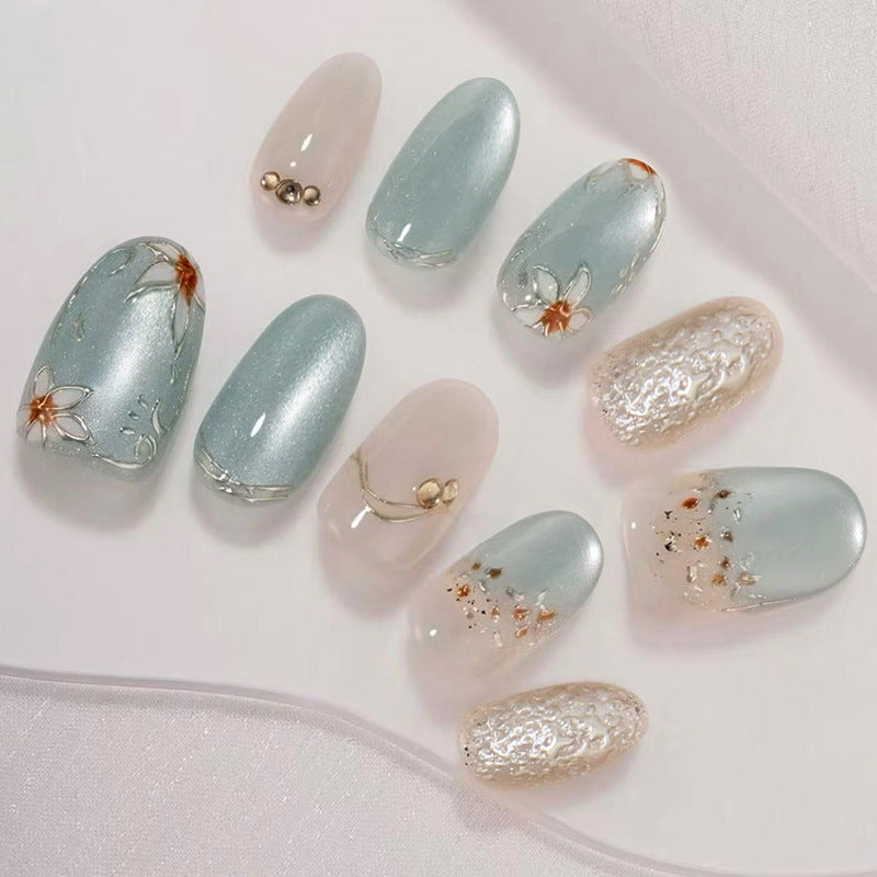 Serene Floral Essence Long Oval Blue with Delicate Floral Accents Press On Nail Set
