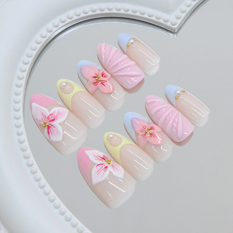 Whimsical Floral Design Long Oval Pastel Palette with 3D Embellishments Press On Nail Set