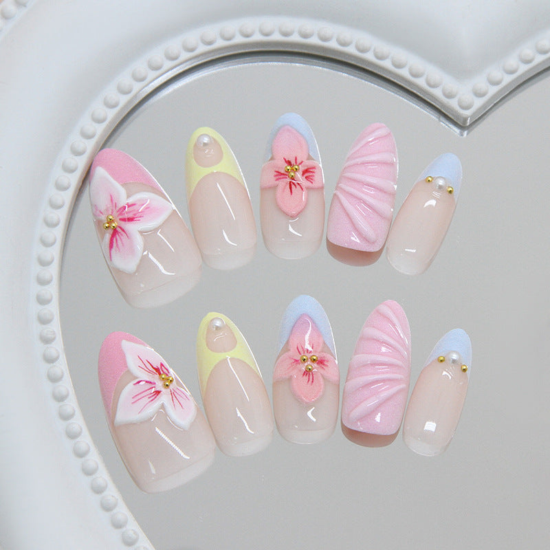 Floral Delight Long Almond Pink and Yellow Nail Set with Elegant Textures