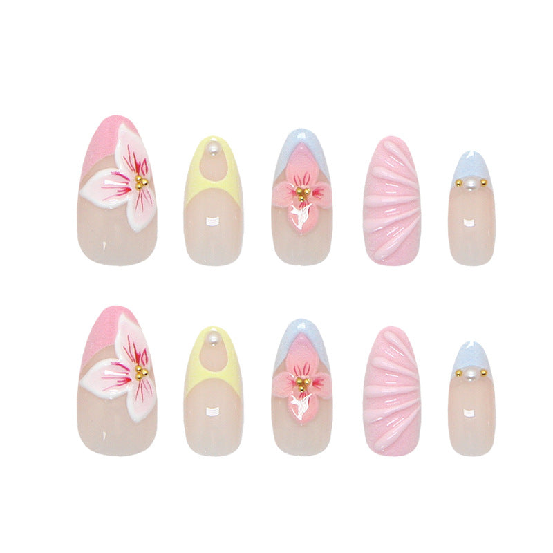 Blossom Fantasy Long Almond Pink and Yellow Floral Accent Press on Nail Set