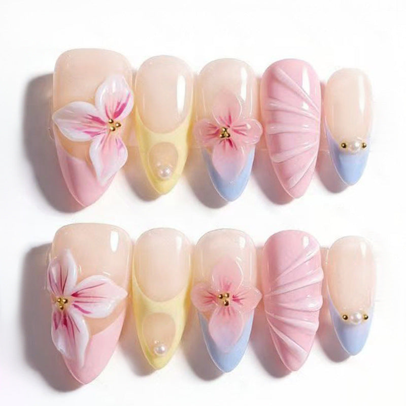 Floral Elegance Medium Almond Pink and Yellow with Three-Dimensional Flower Design Press On Nail Set