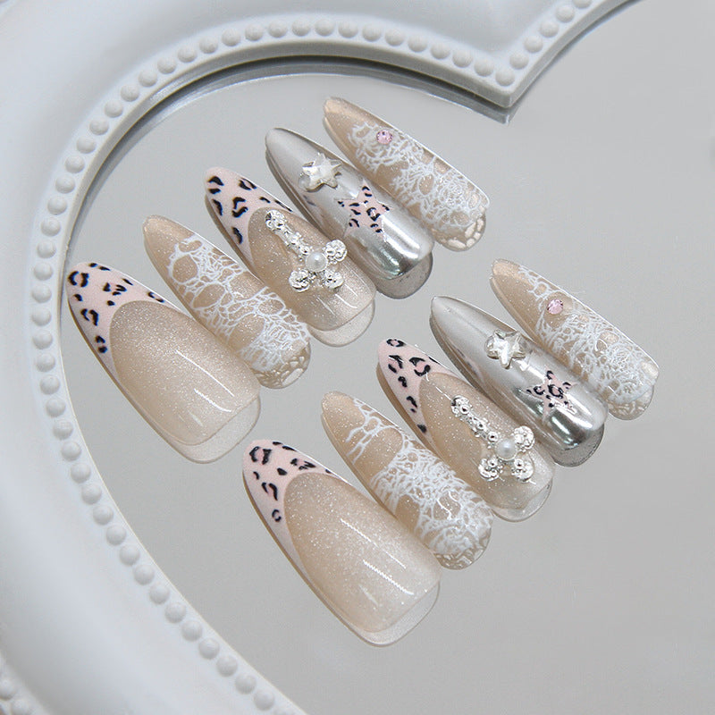Chic Elegance Long Almond Beige with Glitter and Lace Design Press on Nail Set