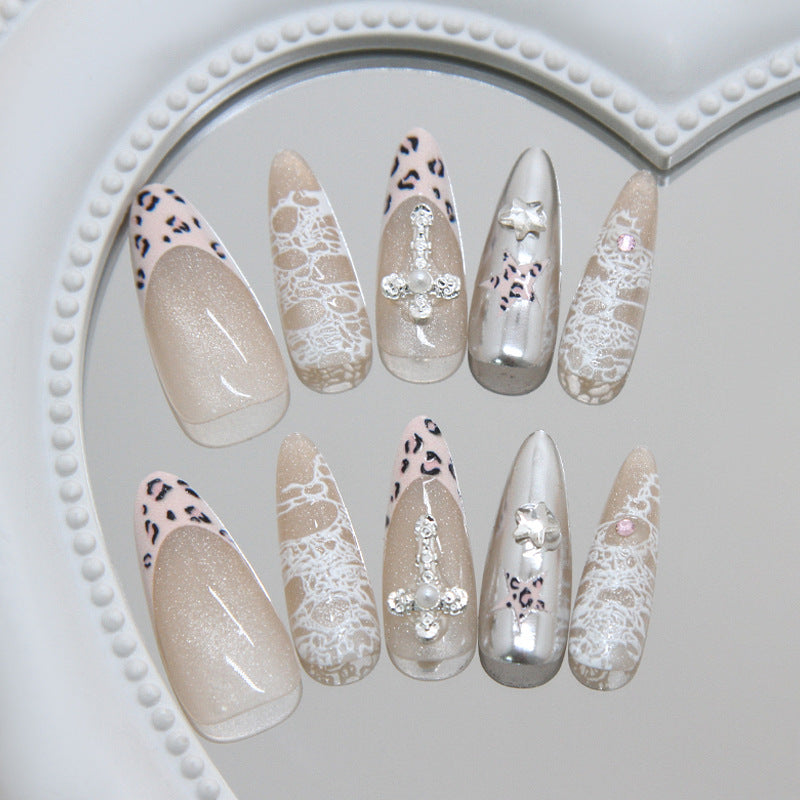 Chic Animal Print Long Almond Neutral with Sparkling Accents Press On Nail Set