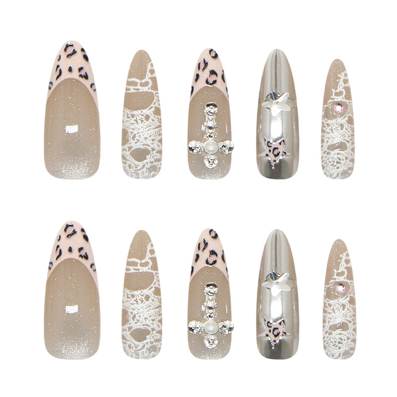 Wild Safari Long Almond Beige with Elegant Crystal Accents Press On Nail Set