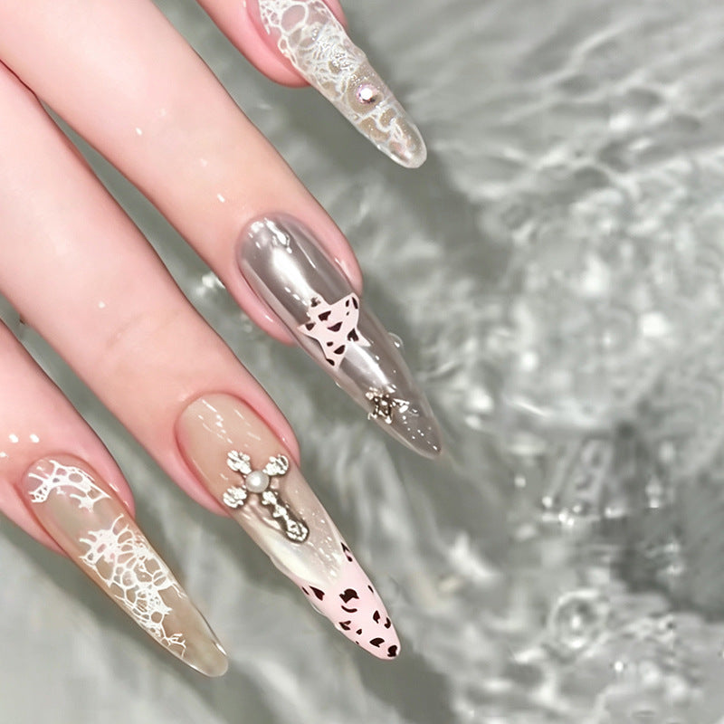 Underwater Elegance Long Almond Transparent with Intricate Lace Detailing Press On Nail Set