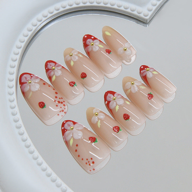 Whimsical Floral Medium Almond Pink and Red Strawberry Design Nail Set