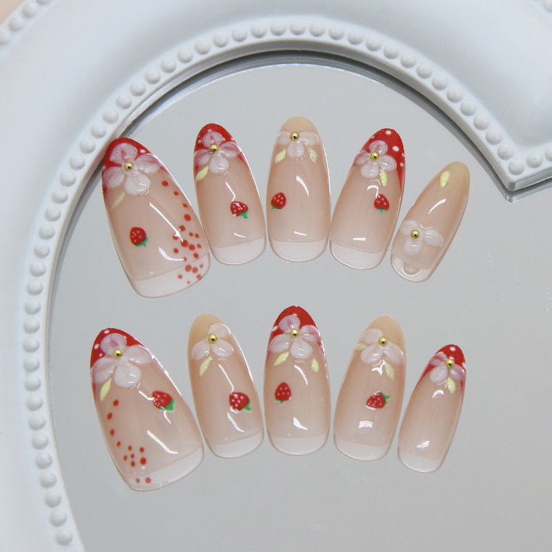Berry Blossom Medium Almond Press On Nail Set with Floral Accents