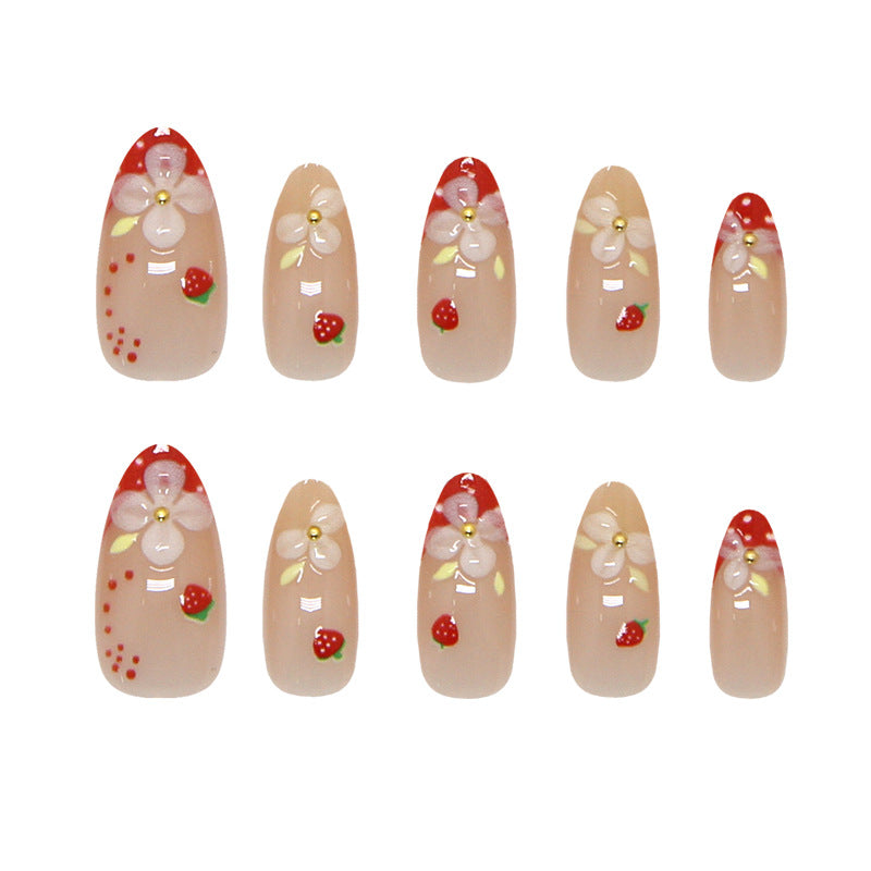 Sweet Strawberry Delight Medium Almond Pink Floral Design Press On Nail Set