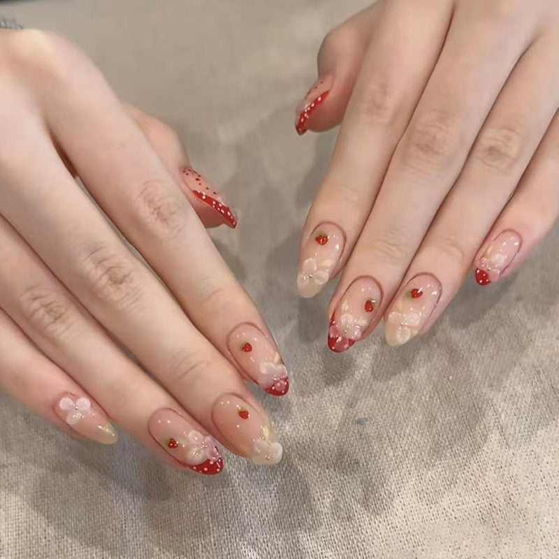 Charming Floral Design Medium Almond Red with Delicate Blossom Details Press On Nail Set