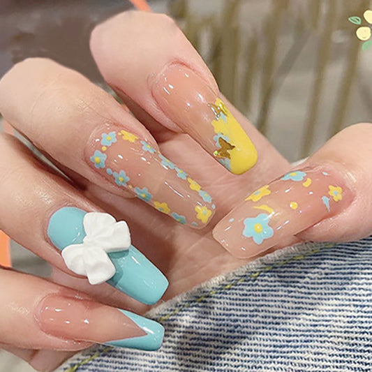 Springtime Blossom Long Coffin Multicolor Press On Nail Set with 3D Bow Accent