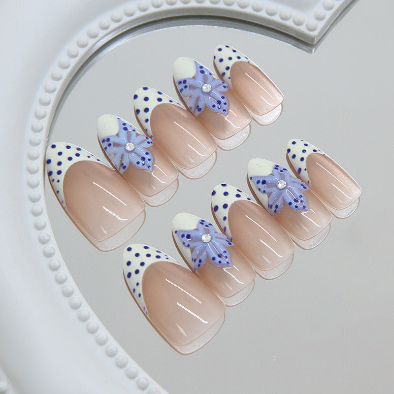 Floral Delight Medium Almond Purple Polka Dot Design Press On Nail Set