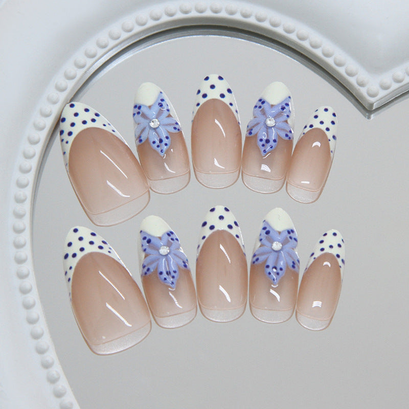 Floral Elegance Medium Almond Blue and White Floral Design Press on Nail Set
