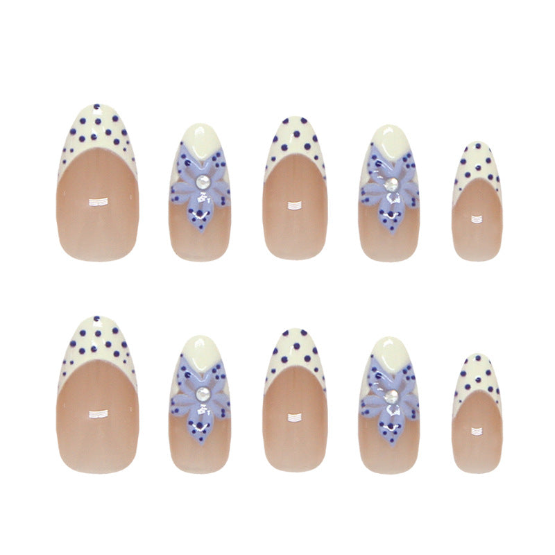 Charming Floral Design Medium Almond Beige and Blue Nail Set with Rhinestone Accents