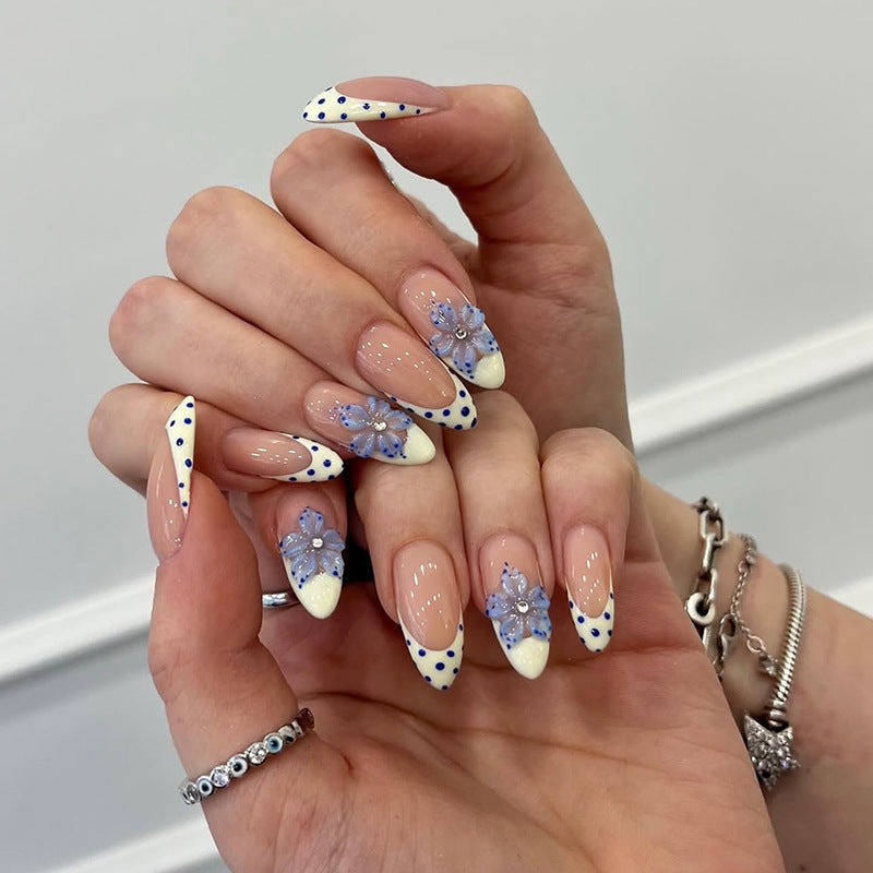 Floral Fantasy Medium Almond White and Blue Polka Dot Design with 3D Flower Accents