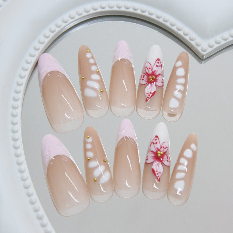 Chic Garden Fantasy Long Almond Beige with Floral Accents and Polka Dots Nail Set